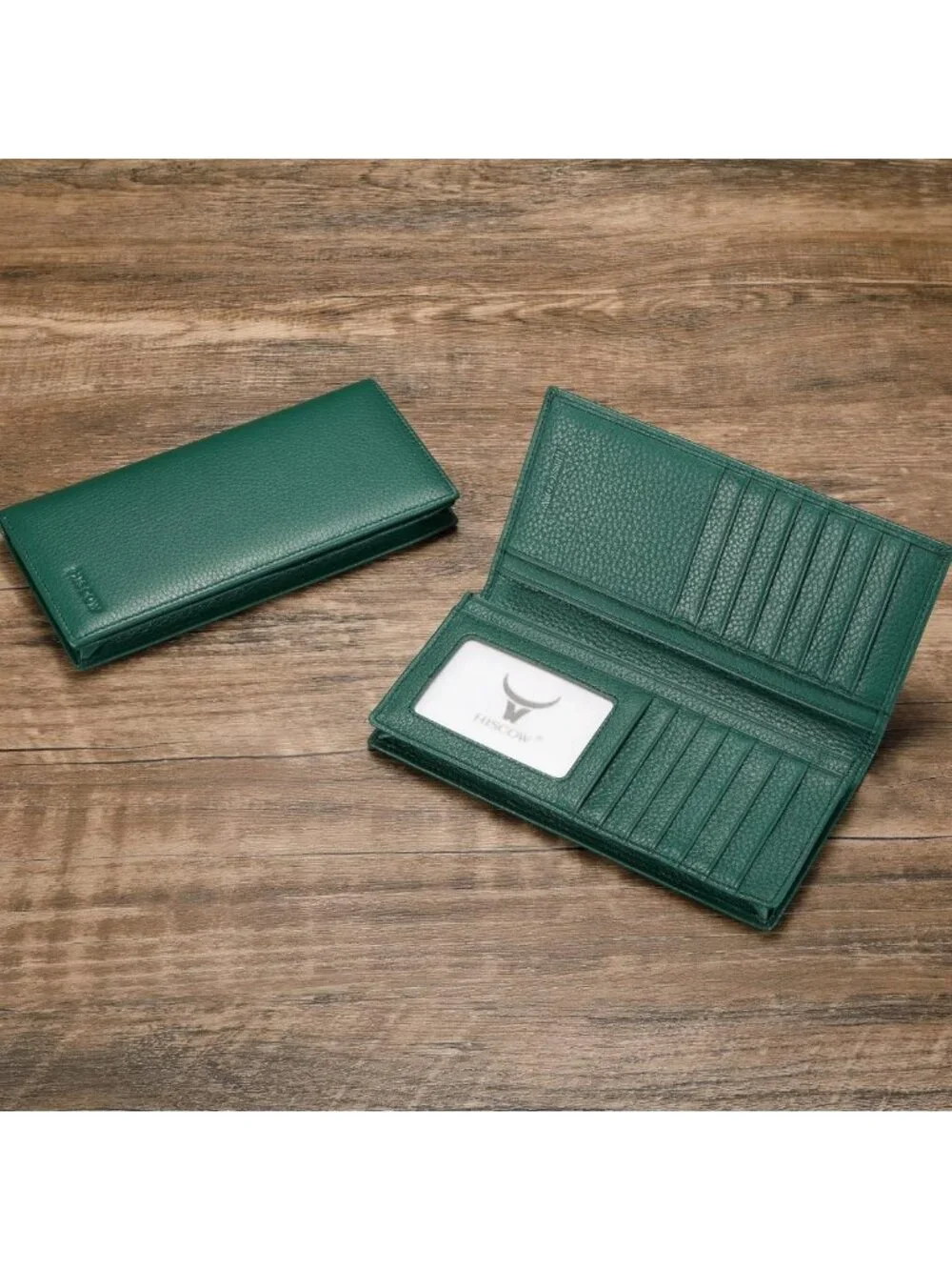 Men's Full Grain Leather Long Wallet - 15 Card Slots, Pebbled Green Design